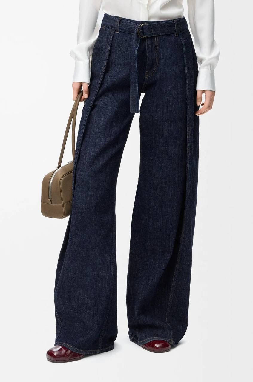 LW Draped Asymmetric Button Shirt | Belted Baggy Pant Jeans | Cotton-blend Denim Set