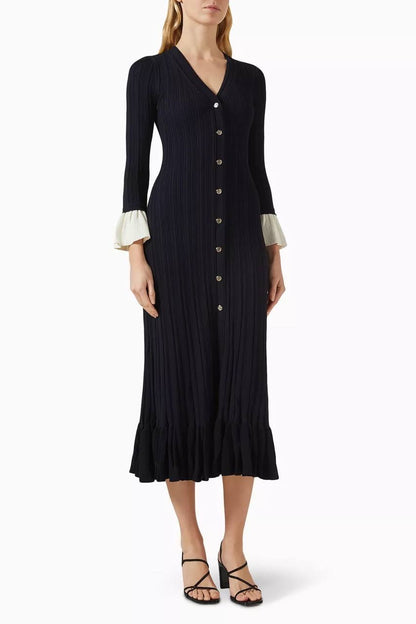 SD Knitted V Neck Contrast Sleeve Midi Dress in Navy blue & Black