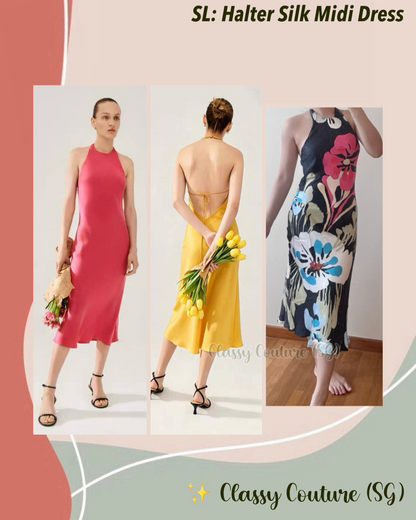 SL Halter Backless Silk Midi Dress