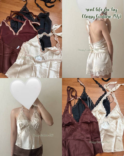 5 Colors! Ref Monica Silk Lace-trimmed Halter Top