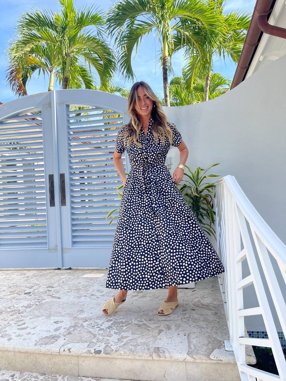 CC Asbury Cotton Midi Dress Abstract Navy Dot