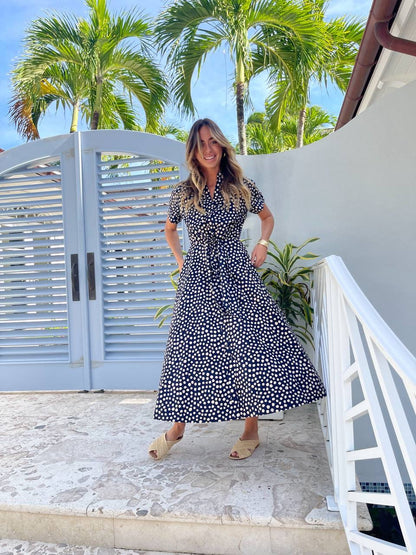 CC Asbury Cotton Midi Dress Abstract Navy Dot