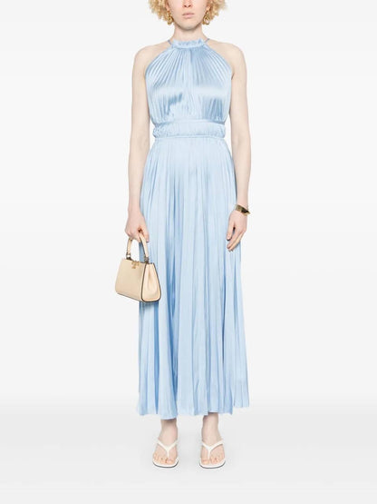 MJ Blue Sky Satin Pleated Plissé-Effect Halter Midi Maxi Dress