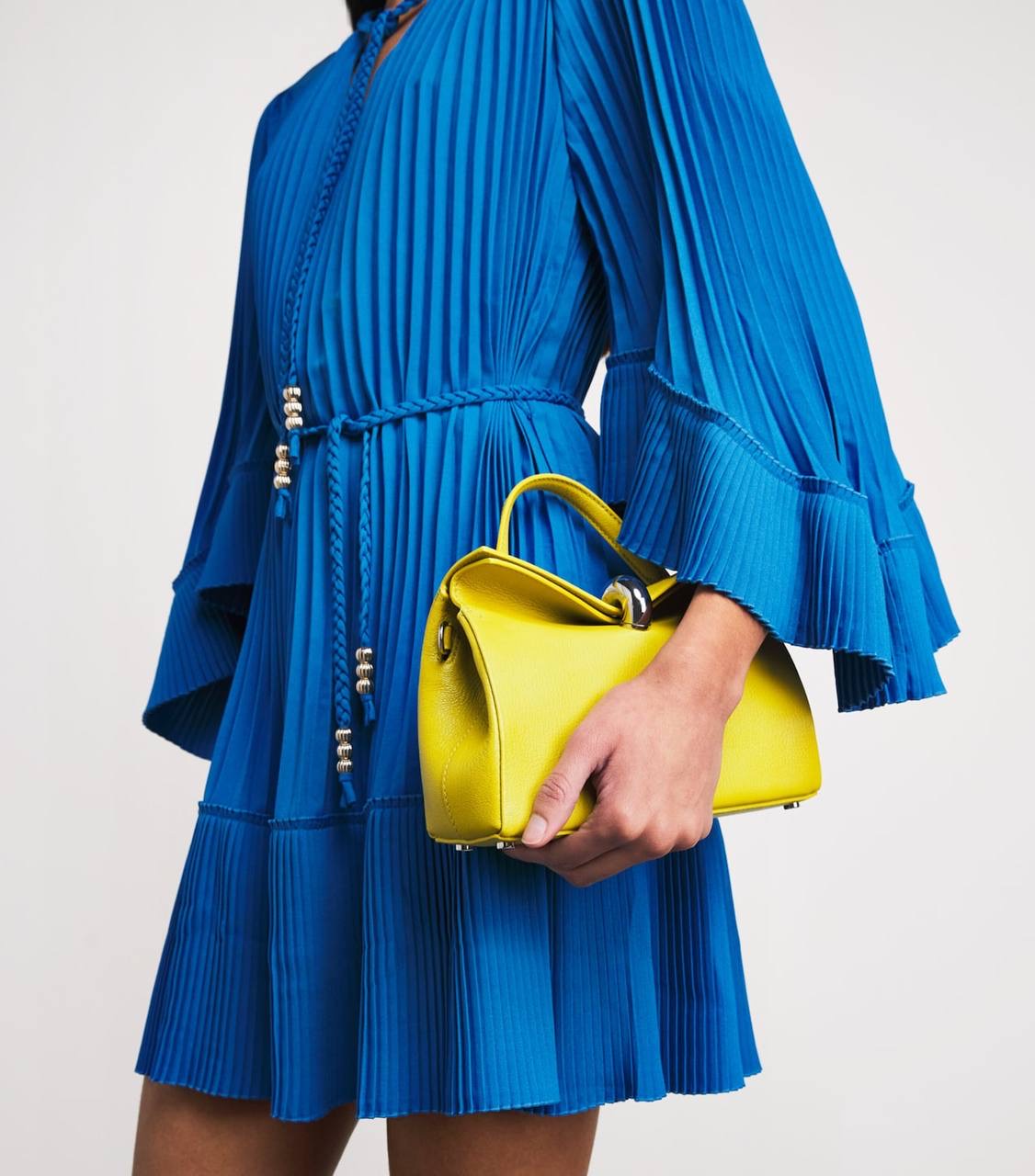 MJ Pleated Braided Drawstring Bell-sleeve Mini Dress