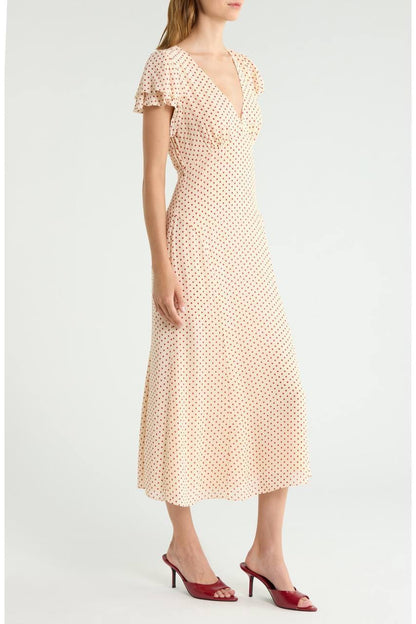 Frost Flutter Sleeve Viscose-blend Midi Dress in Polka Dot & Floral