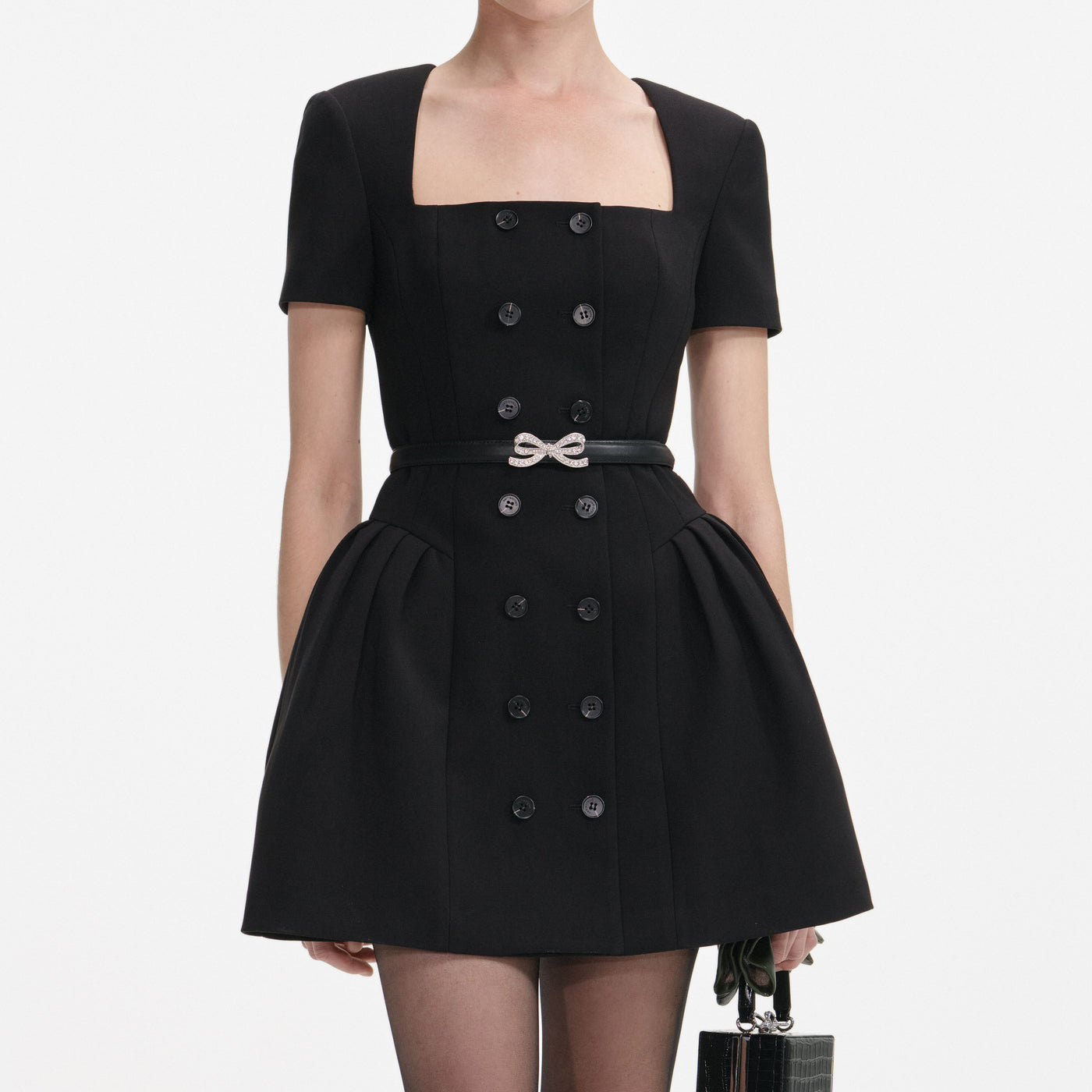 SP Black Crepe Short Sleeve Mini Dress with Diamante Bow Belt