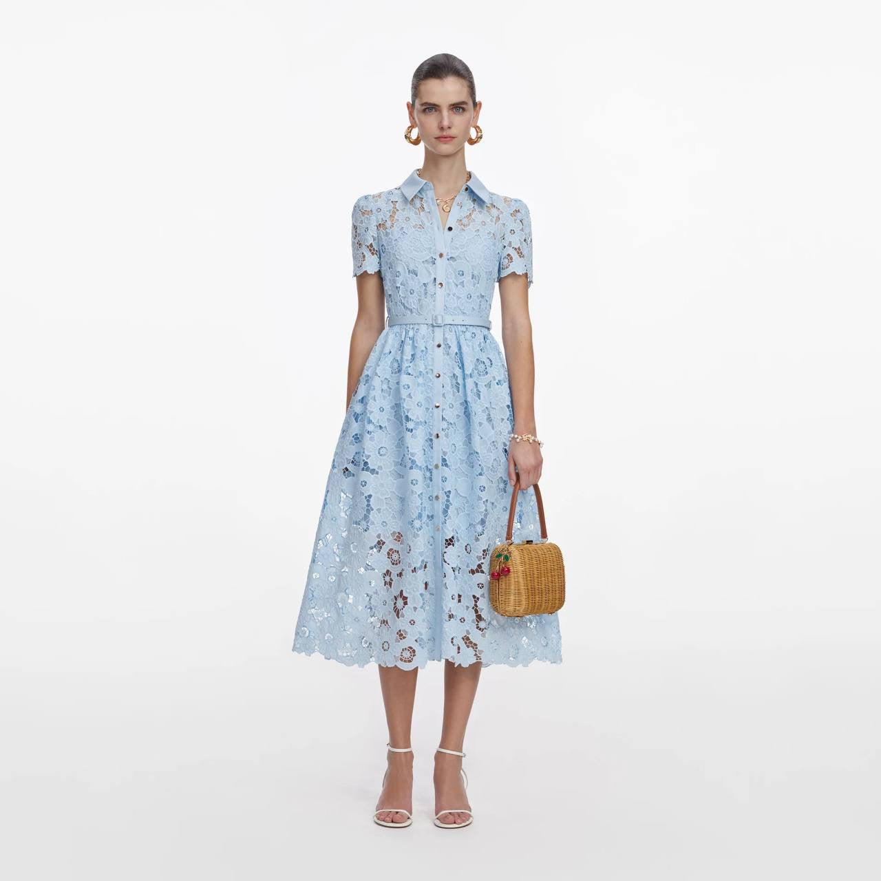 SP Blue Lace Collared Belted Shirtdress Midi Dress