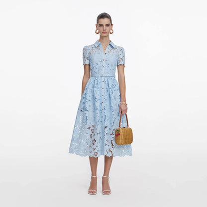 SP Blue Lace Collared Belted Shirtdress Midi Dress