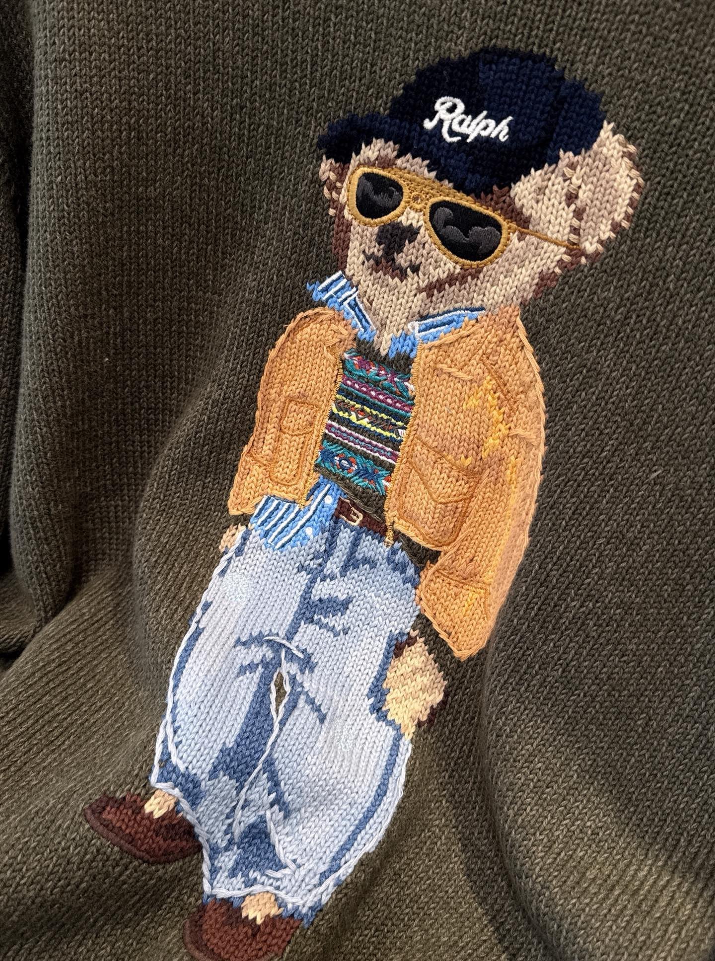 RL Sunglasses Bear Cotton Crew Neck Jumper in Olive Green