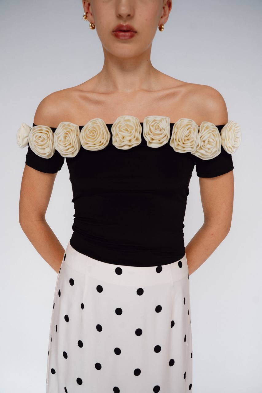 ML Gabrielle Off-Shoulder Top | Gabby 3D Rose Appliqué Maxi Dress
