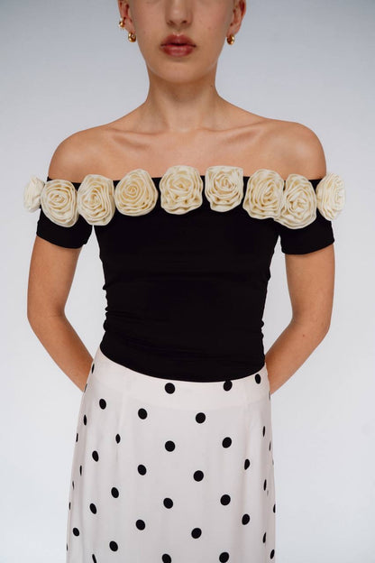 ML Gabrielle Off-Shoulder Top | Gabby 3D Rose Appliqué Maxi Dress