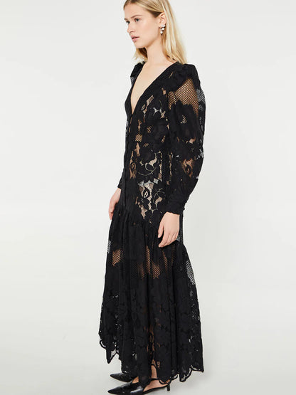 ML Penny Sheer Long Sleeve Cotton-Blend Lace Midi Maxi Dress in Black