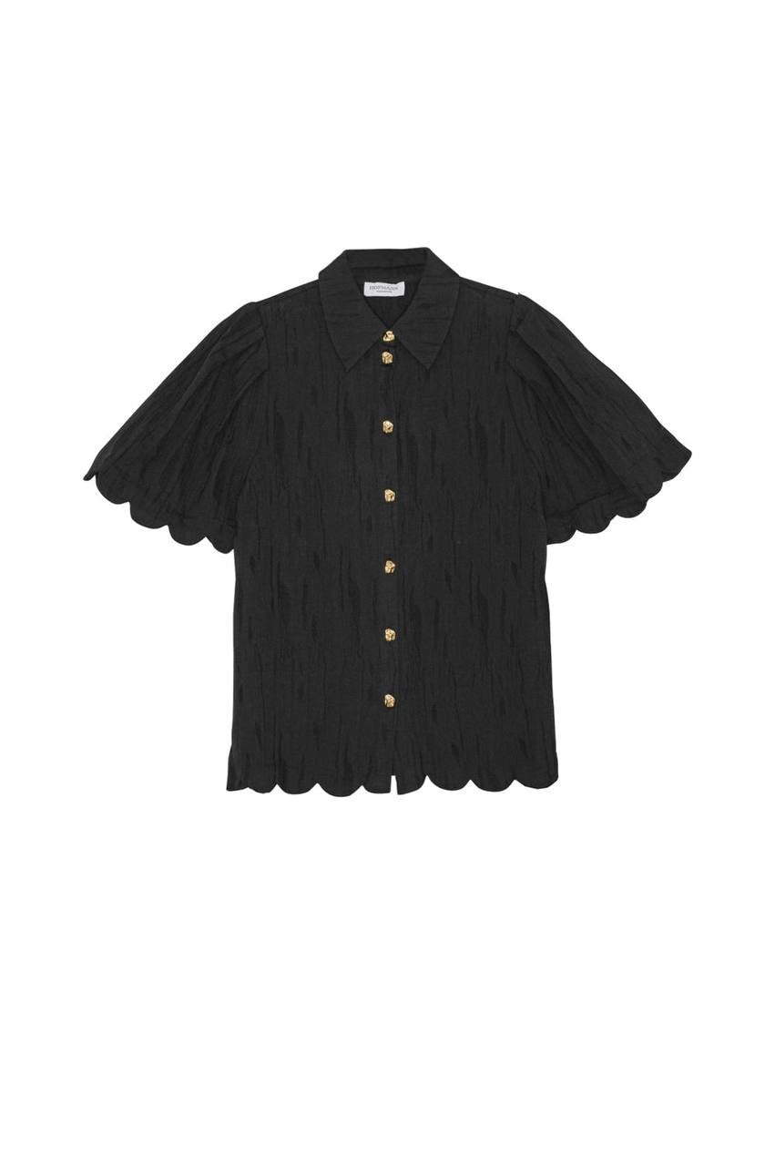 HFM Marabelle Shirt | Petra Shorts | Yara Cami Strap Top | Cotton-Linen Black Scallop-detail Set