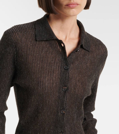 BC Sparkling Brown Ribbed Silk-Alpaca-Wool blend Cardigan