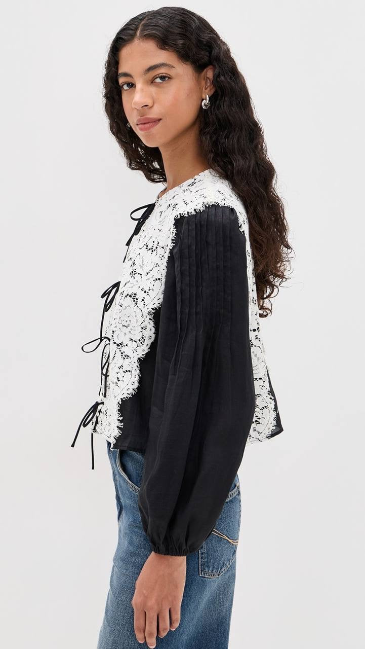 SE Norabelle Ramie Long Sleeve Top with Cotton Lace Overlay
