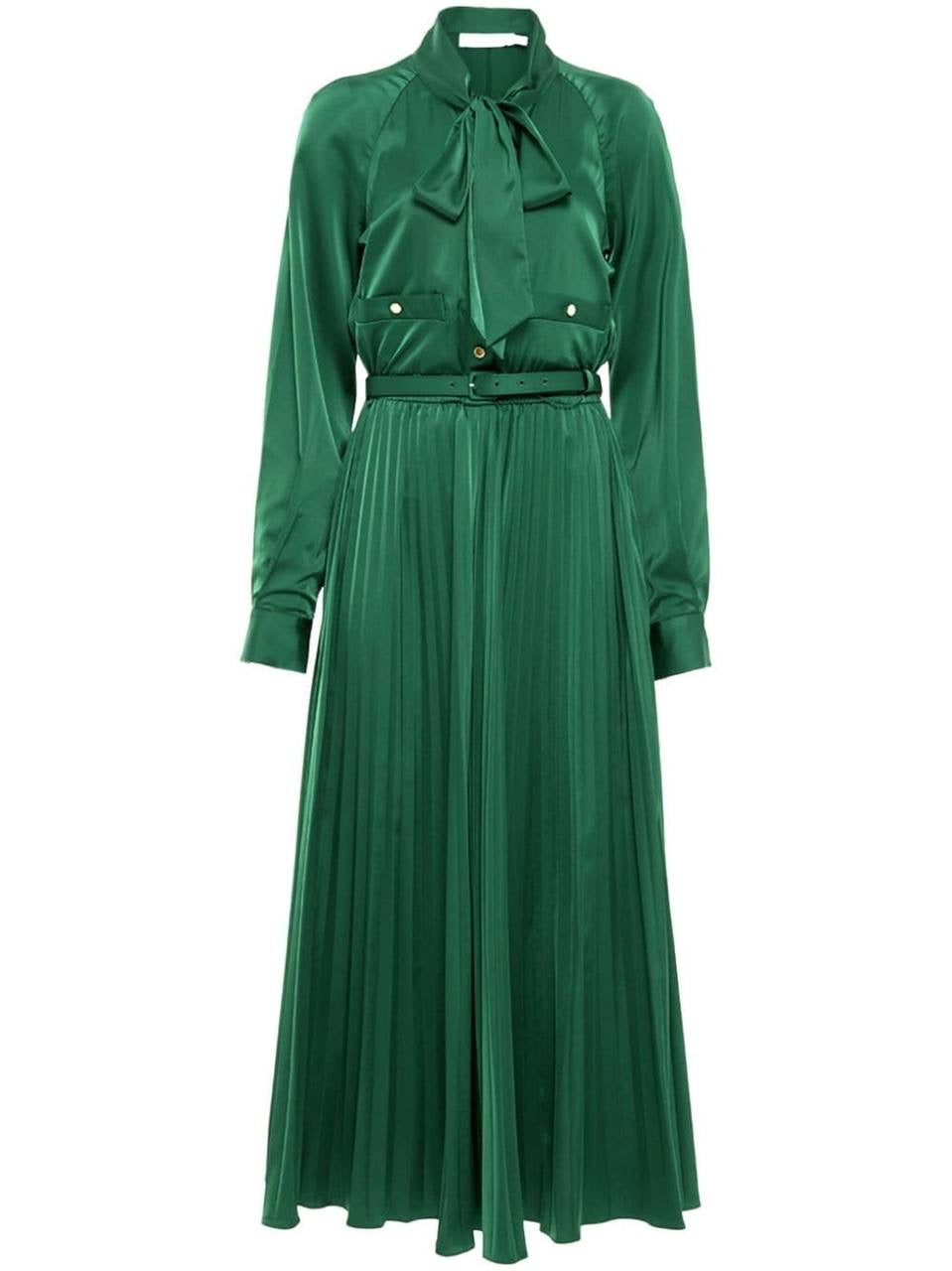 SP Green Satin Pussybow Pleated Midi Dress