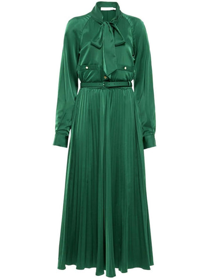 SP Green Satin Pussybow Pleated Midi Dress