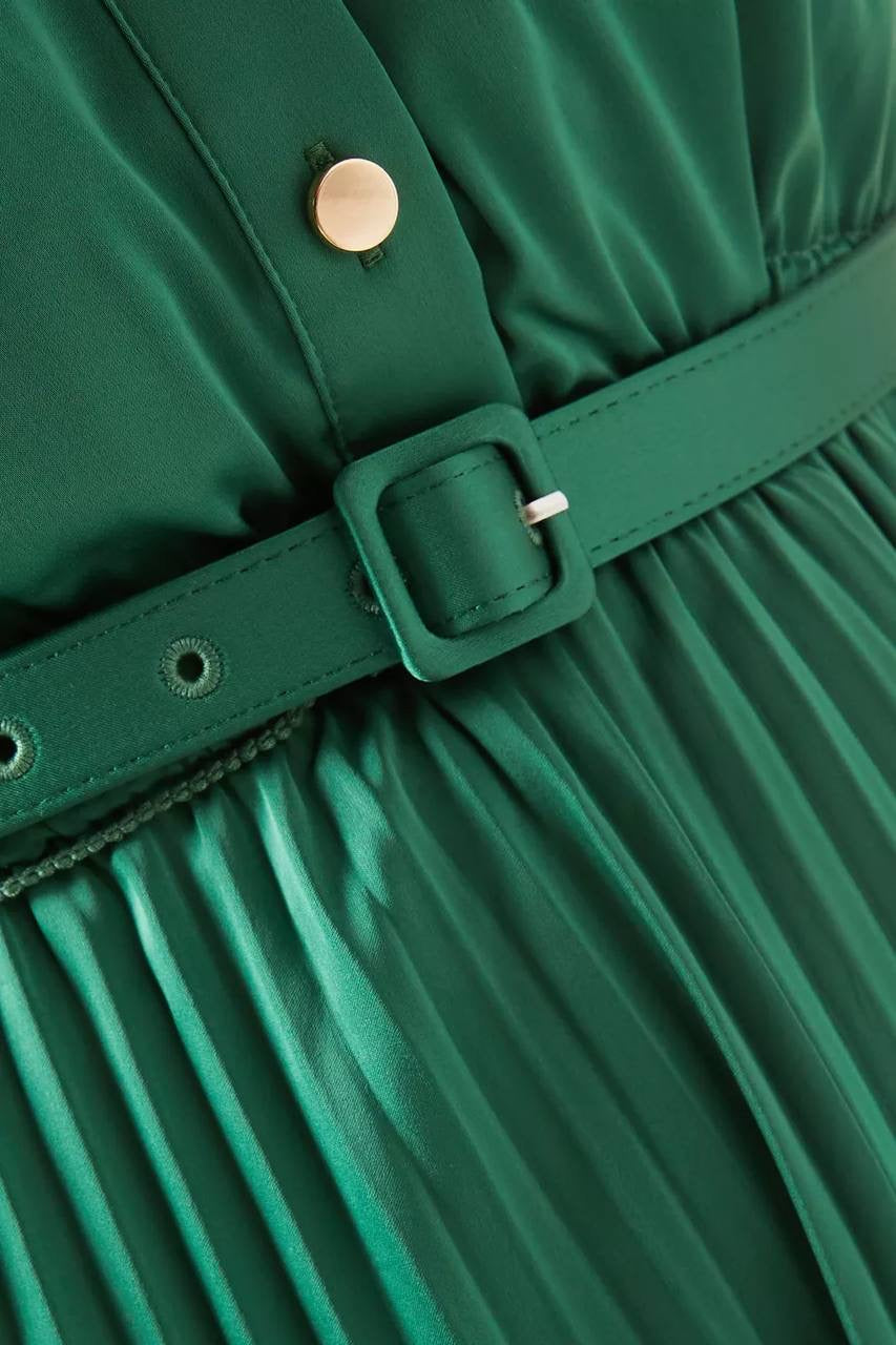 SP Green Satin Pussybow Pleated Midi Dress