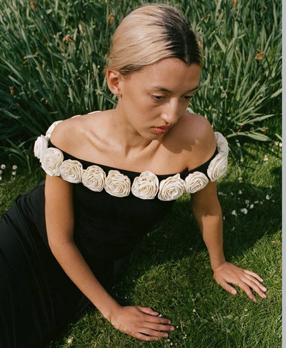ML Gabrielle Off-Shoulder Top | Gabby 3D Rose Appliqué Maxi Dress