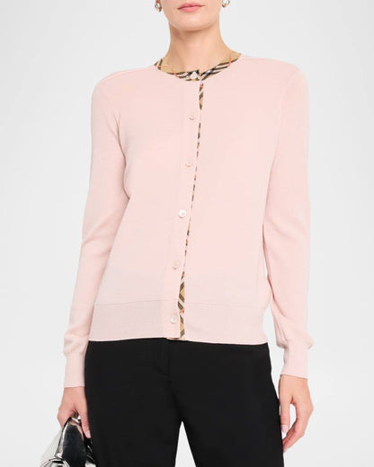 Check-trim Collar Wool Crewneck Cardigan