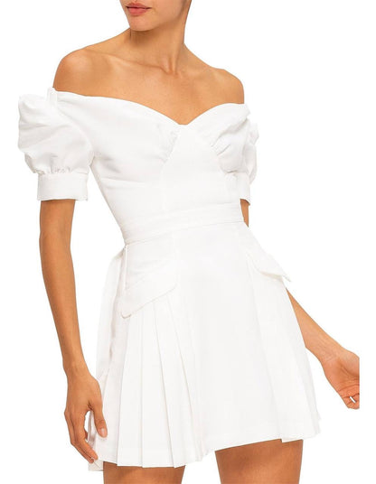 SP White Off Shoulder Puff Sleeve Crepe Mini Dress