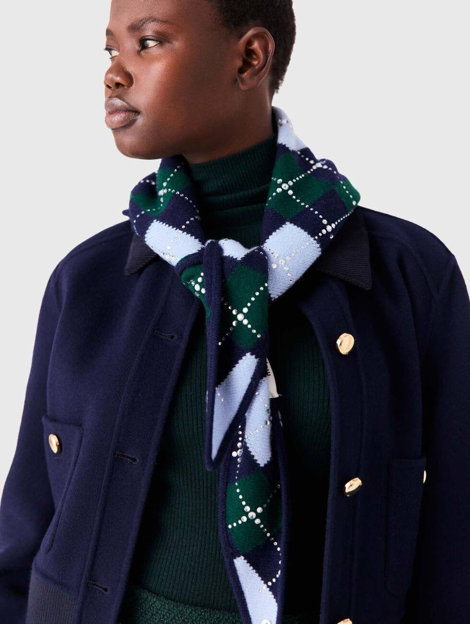 Argyle Diamond Jumper Sweater with Rhinestones & Wool Triangle Scarf | Green/Blue/Navy Set