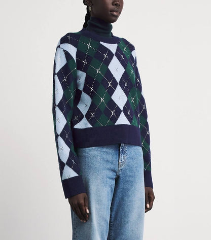 Argyle Diamond Jumper Sweater with Rhinestones & Wool Triangle Scarf | Green/Blue/Navy Set