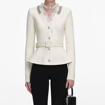 SP Cream Crystal Trim Cardigan Peplum Belted Top