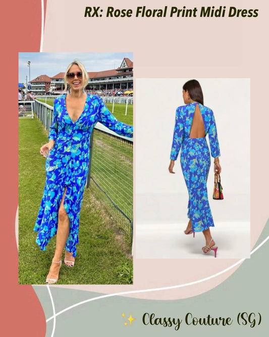RX Rose Floral Print Silk Midi Dress
