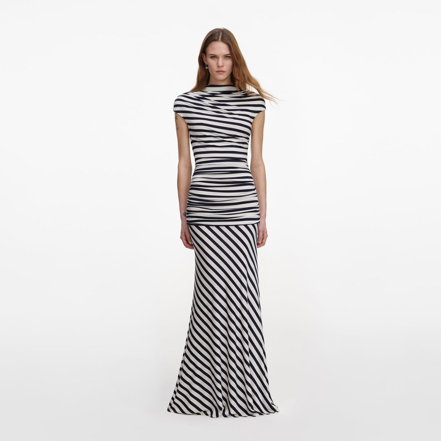 SP Navy Blue Stripe Jersey Short Sleeve Drop Waist Maxi Dress