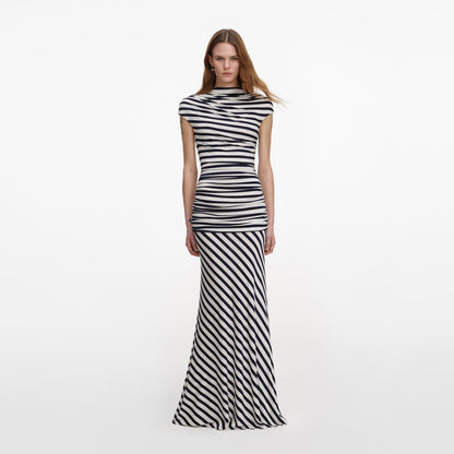 SP Navy Blue Stripe Jersey Short Sleeve Drop Waist Maxi Dress