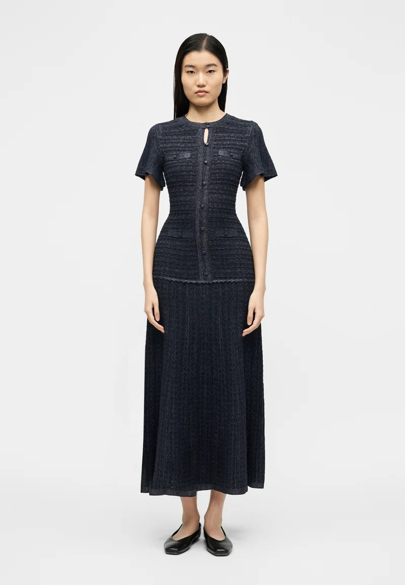 SD Diane Blue Rhinestone Viscose-blend Metallic Knit Maxi Dress