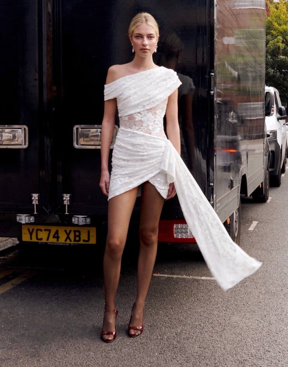 SP White Rhinestone One-Shoulder Stretch-Woven Mini Dress