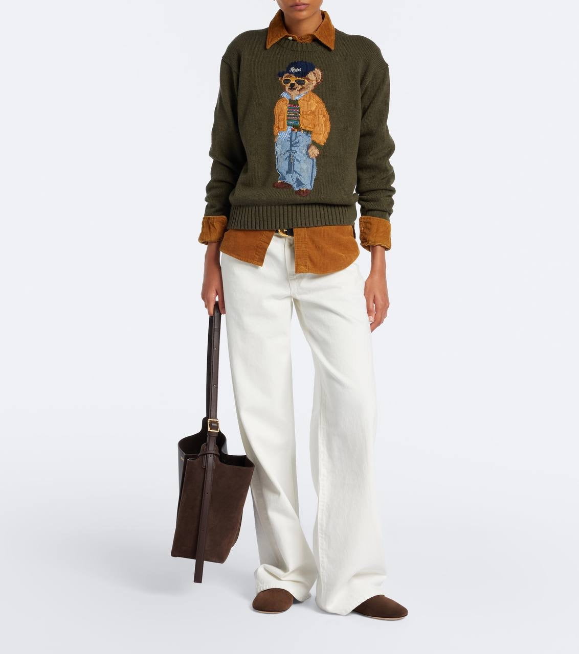RL Sunglasses Bear Cotton Crew Neck Jumper in Olive Green