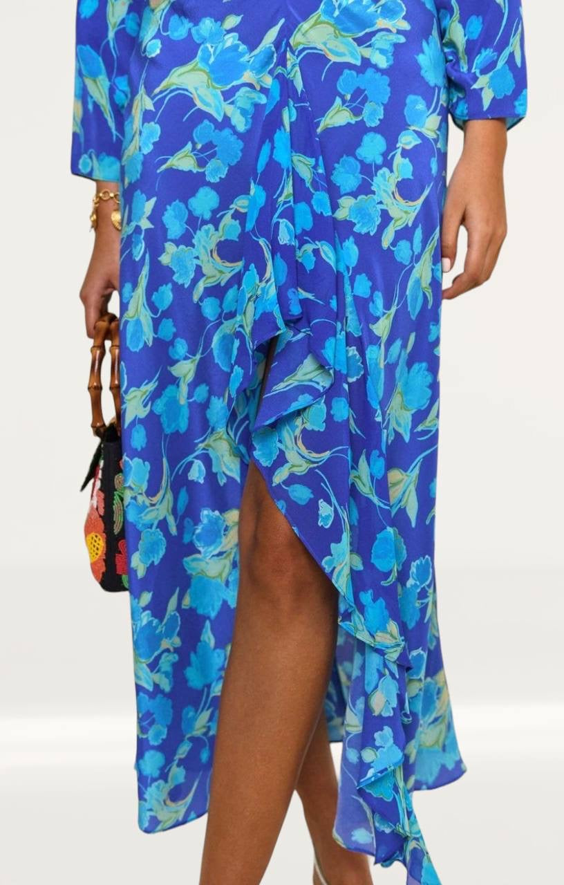 RX Rose Floral Print Silk Midi Dress
