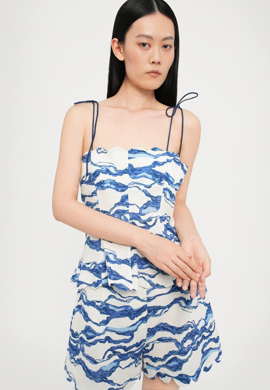 HFM Yara Tie Tank Cami Top | Petra Shorts | Sea/light blue Scallop Hem Cotton-Linen Set