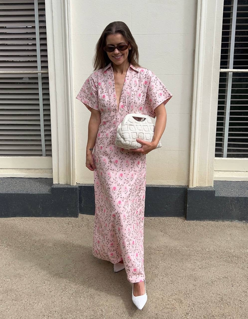 PN Ava Linen-cotton Midi Maxi Dress in Luxembourg Tile Pink Floral