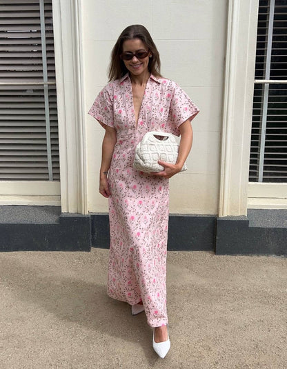 PN Ava Linen-cotton Midi Maxi Dress in Luxembourg Tile Pink Floral