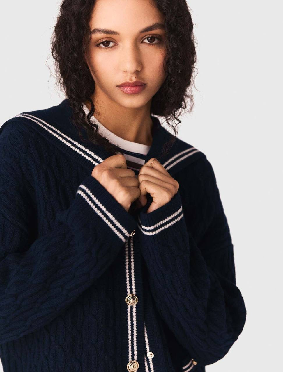 MJ Mirayalo Wool Cable-Knit Sailor Boat Neck Cardigan