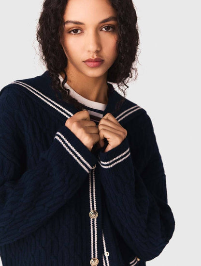 MJ Mirayalo Wool Cable-Knit Sailor Boat Neck Cardigan
