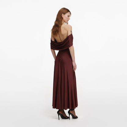 SP Brown Jersey Halter Off-Shoulder Drape Viscose-Blend Midi Dress