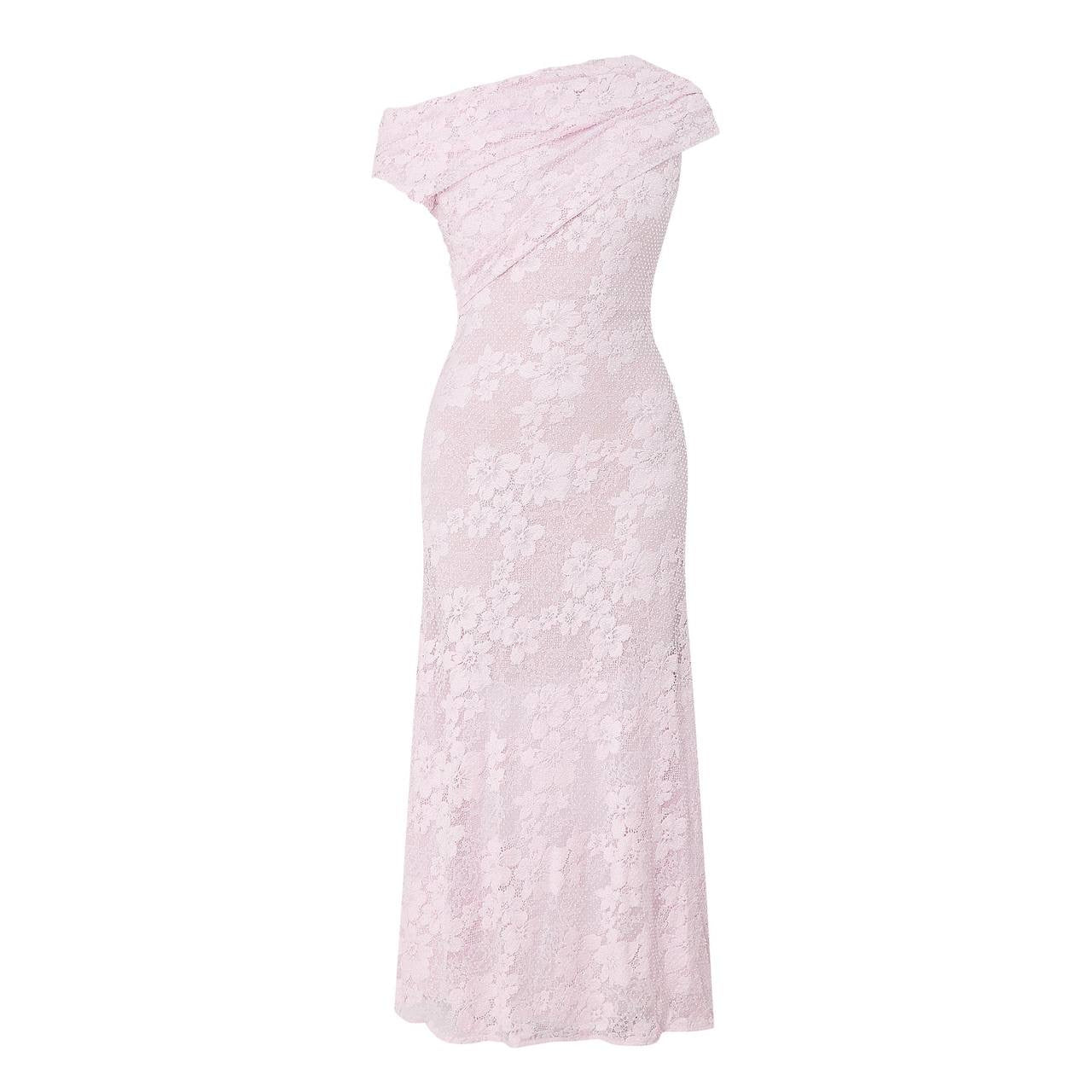 SP Pink Rhinestone Floral Lace Off Shoulder Midi Dress