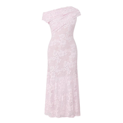 SP Pink Rhinestone Floral Lace Off Shoulder Midi Dress