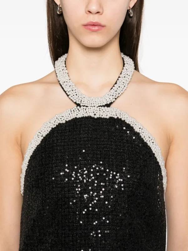 SP Black Metallic Pearl Trim Halter Boucle Mini Dress