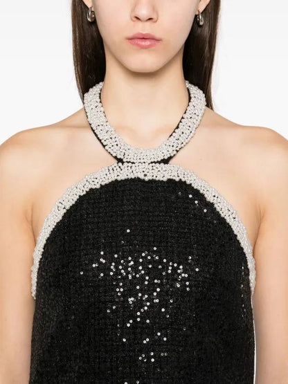 SP Black Metallic Pearl Trim Halter Boucle Mini Dress