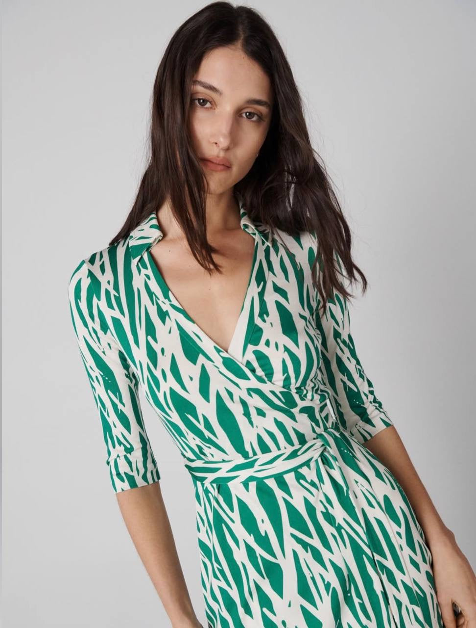 DVF Twig Green Silk Jersey Wrap Midi Dress