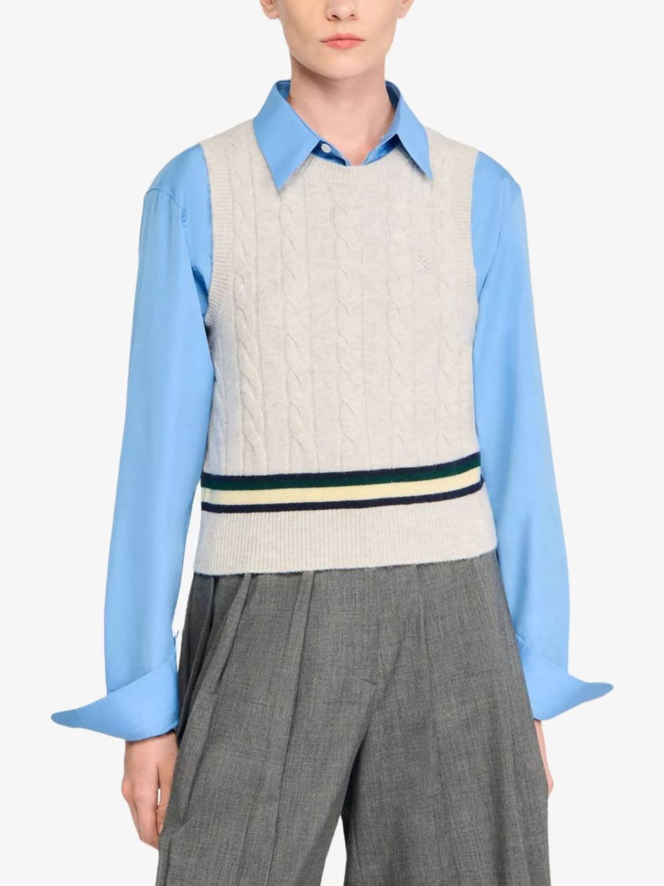SD Maene Grey Wool-Cashmere Cable-Knit Sweater Vest