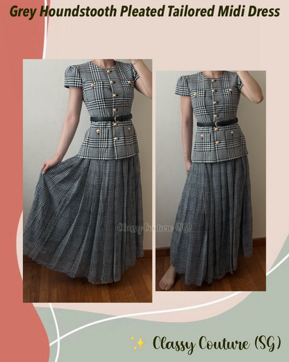 Grey Houndstooth Pleated Short Sleeve Tailored Midi Dress
