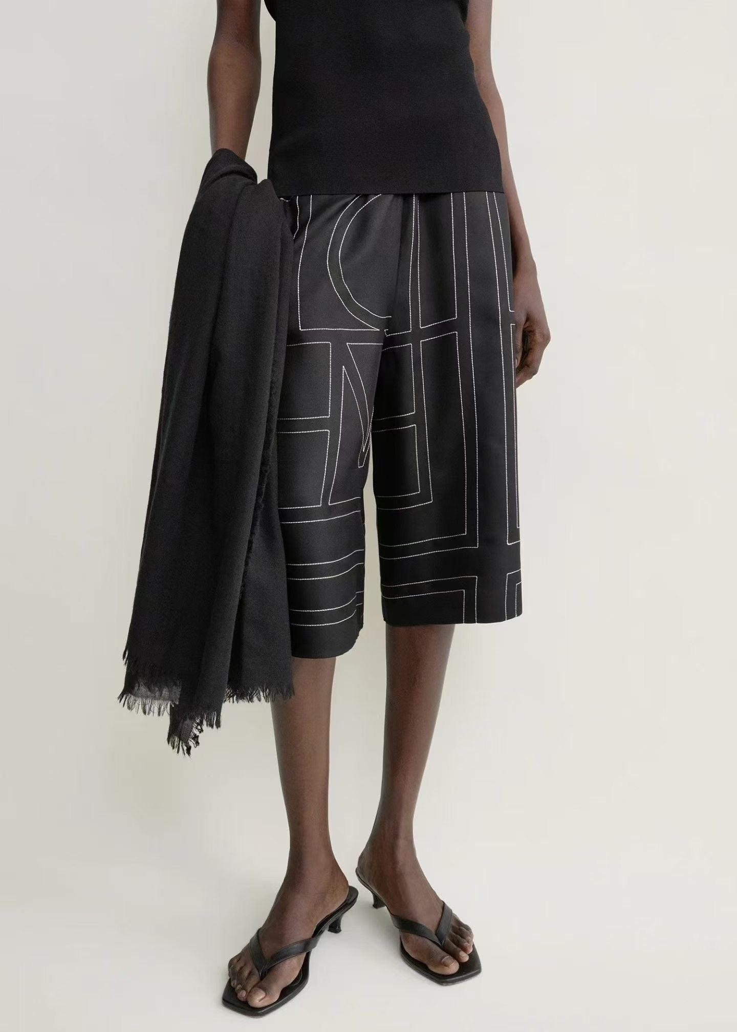 Tot Classic Monogram Embroidered Silk Satin Shirt | Bermuda Culottes Long Shorts | PJ Set