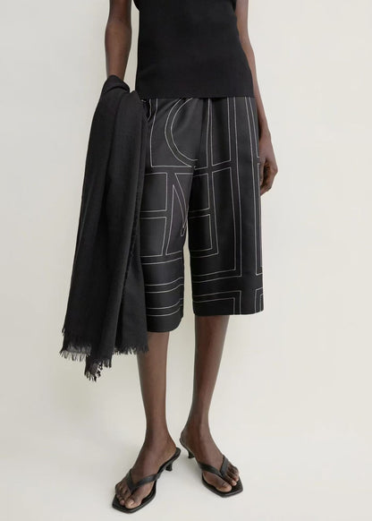 Tot Classic Monogram Embroidered Silk Satin Shirt | Bermuda Culottes Long Shorts | PJ Set